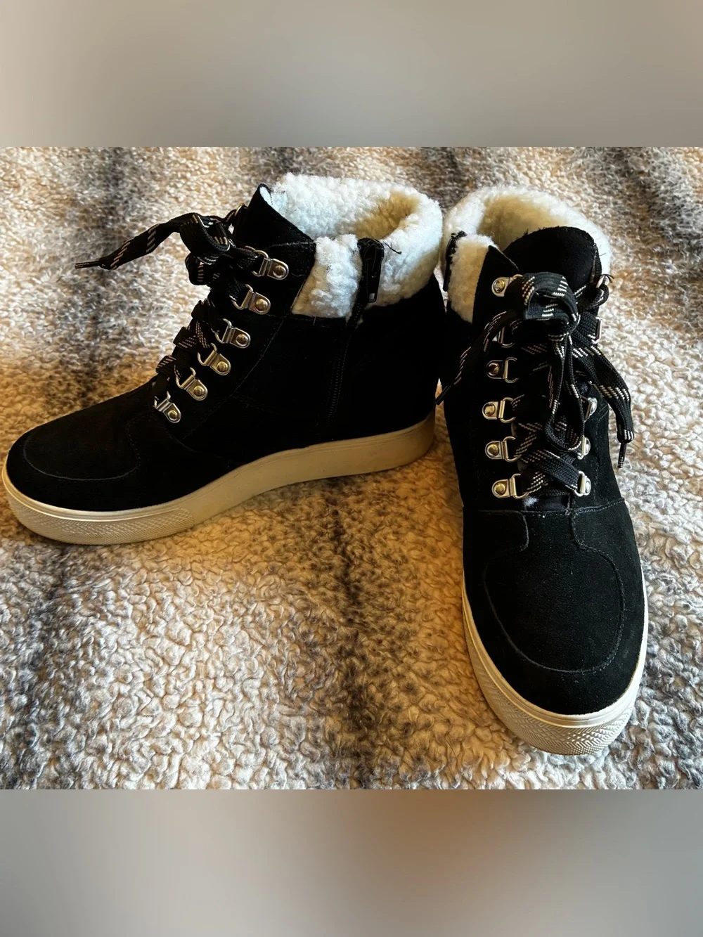 Steve Madden Black Faux-Shearling Lace-Up Wedge Boots